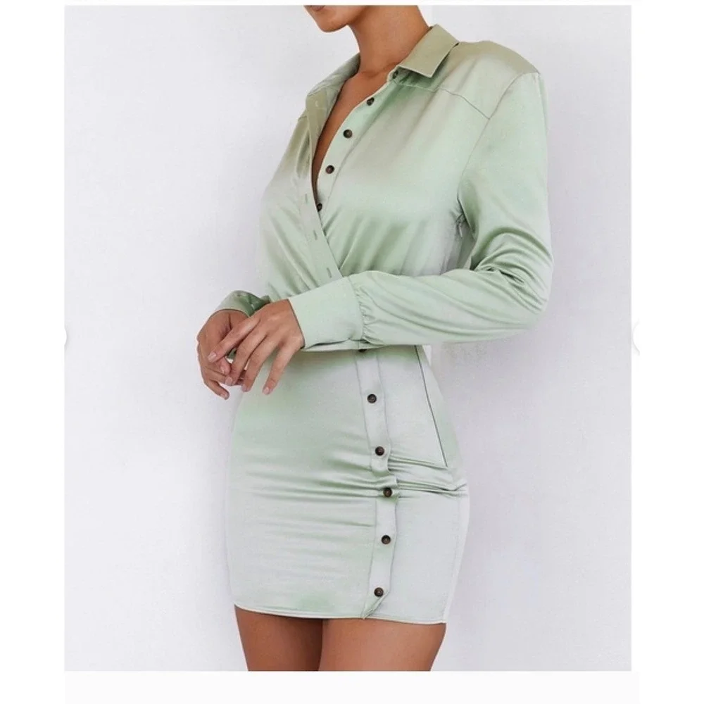 Mistress Rocks Sage Green Satin Long Sleeve Mini Dress XS New With Tags - Picture 3 of 8